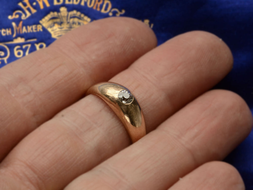 c1890 Flush Set 0.20ct Diamond Ring in Rosy-Yellow Gold (shown on hand for scale)