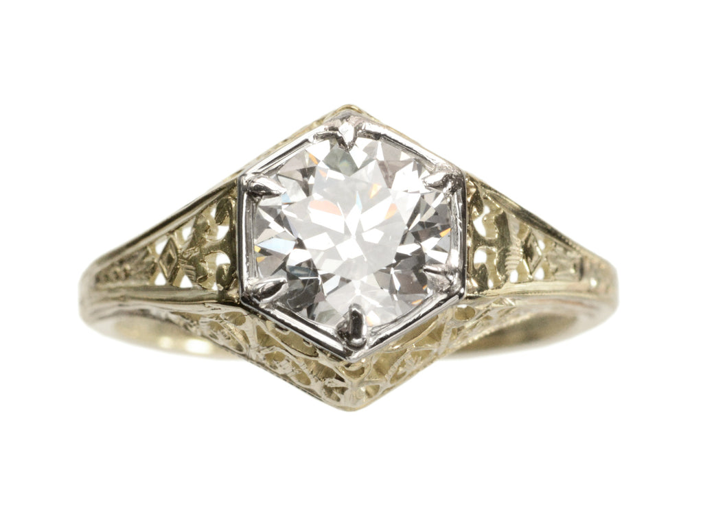 c1920 0.94ct Diamond Hexagonal Filigree Ring (on white background)