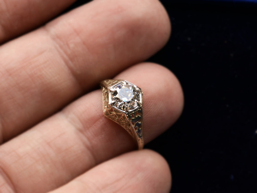 c1920 0.94ct Diamond Hexagonal Filigree Ring (on finger for scale)
