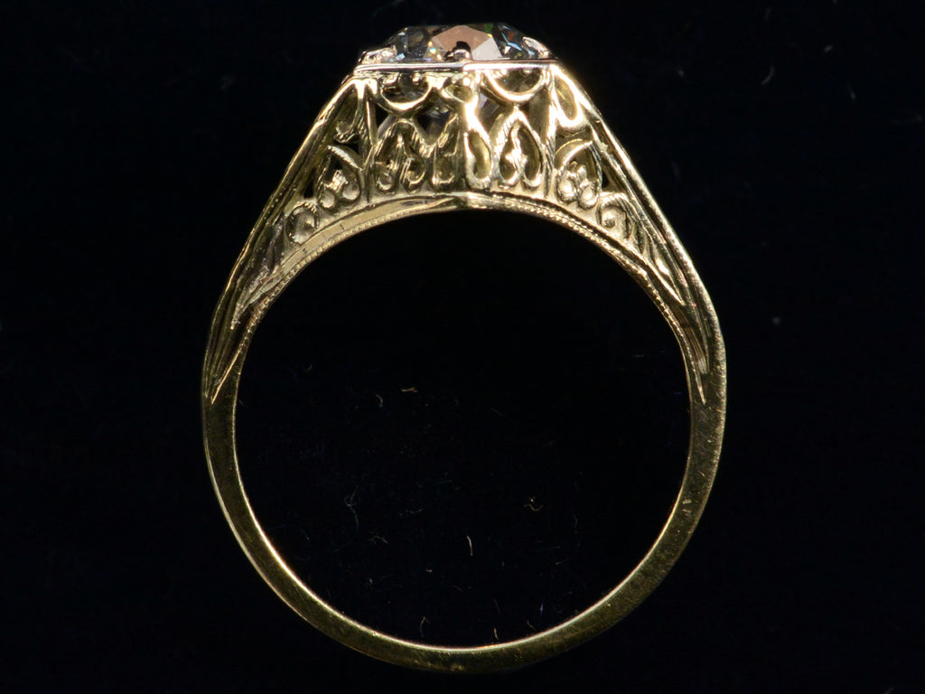 c1920 0.94ct Diamond Hexagonal Filigree Ring (side profile on black background)
