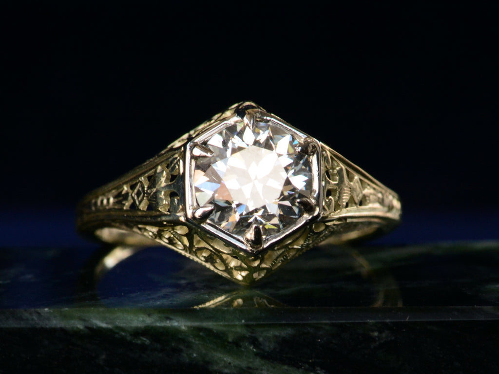 c1920 0.94ct Diamond Hexagonal Filigree Ring (front view on dark background)