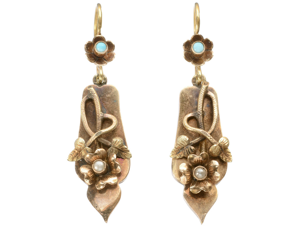c1940 Yellow Gold Floral Portuguese Earrings (on white background)
