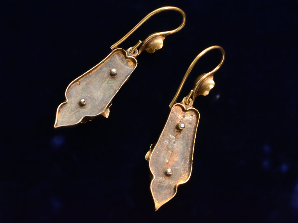 c1940 Yellow Gold Floral Portuguese Earrings (backs shown on black background)