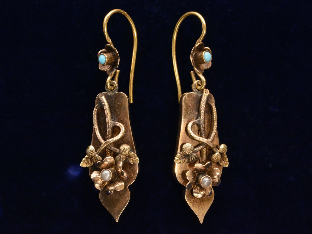 c1940 Yellow Gold Floral Portuguese Earrings (on black background)