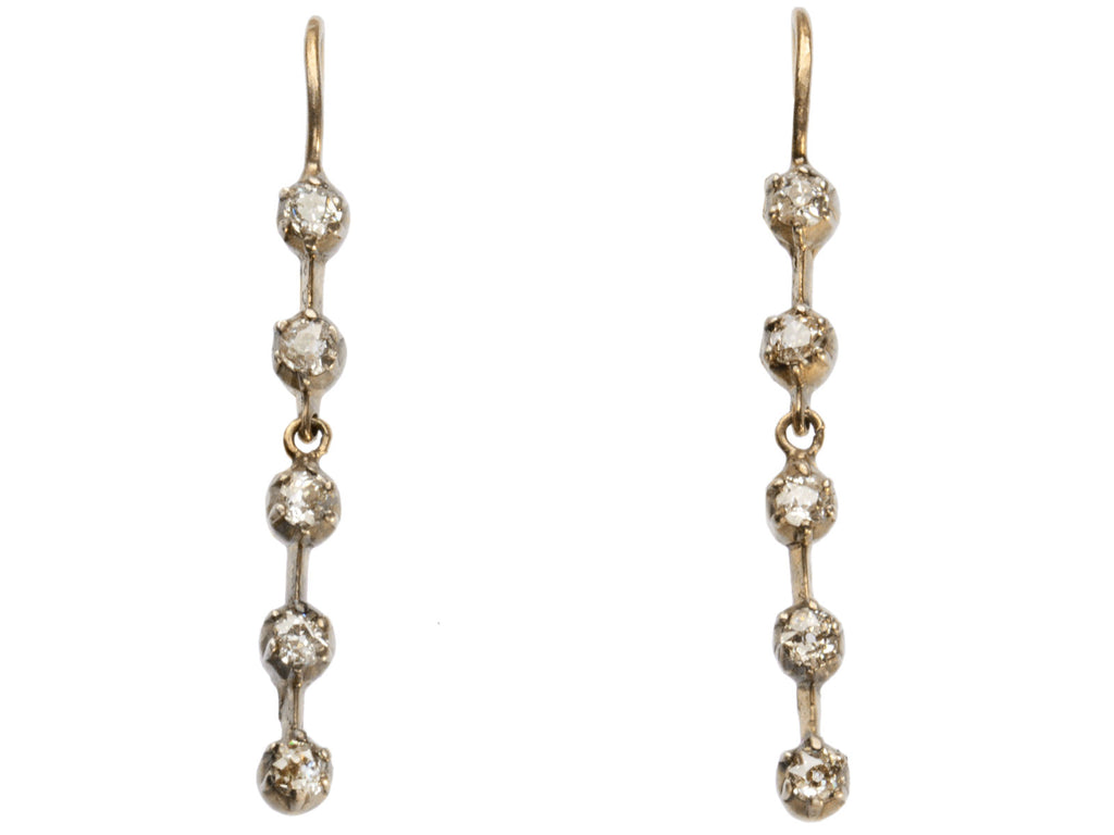 c1900 Five Diamond Drop Earrings in Yellow Gold (shown on white background)