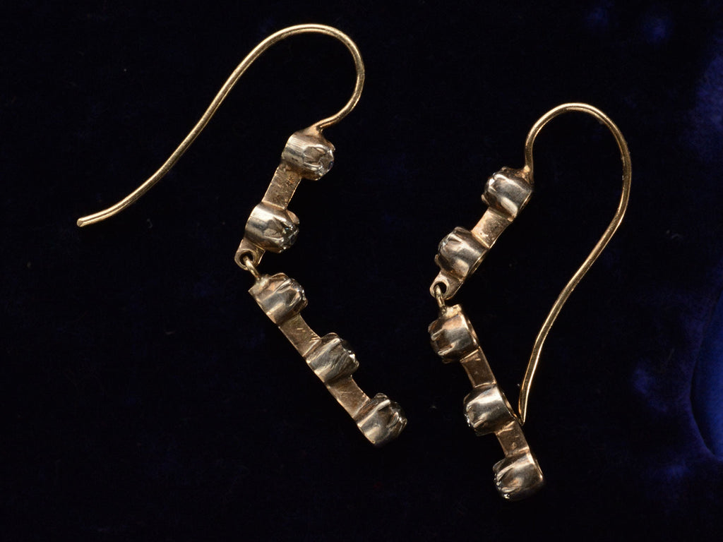 Side profile of c1900 Five Diamond Drop Earrings in Yellow Gold (showing hinged drops)