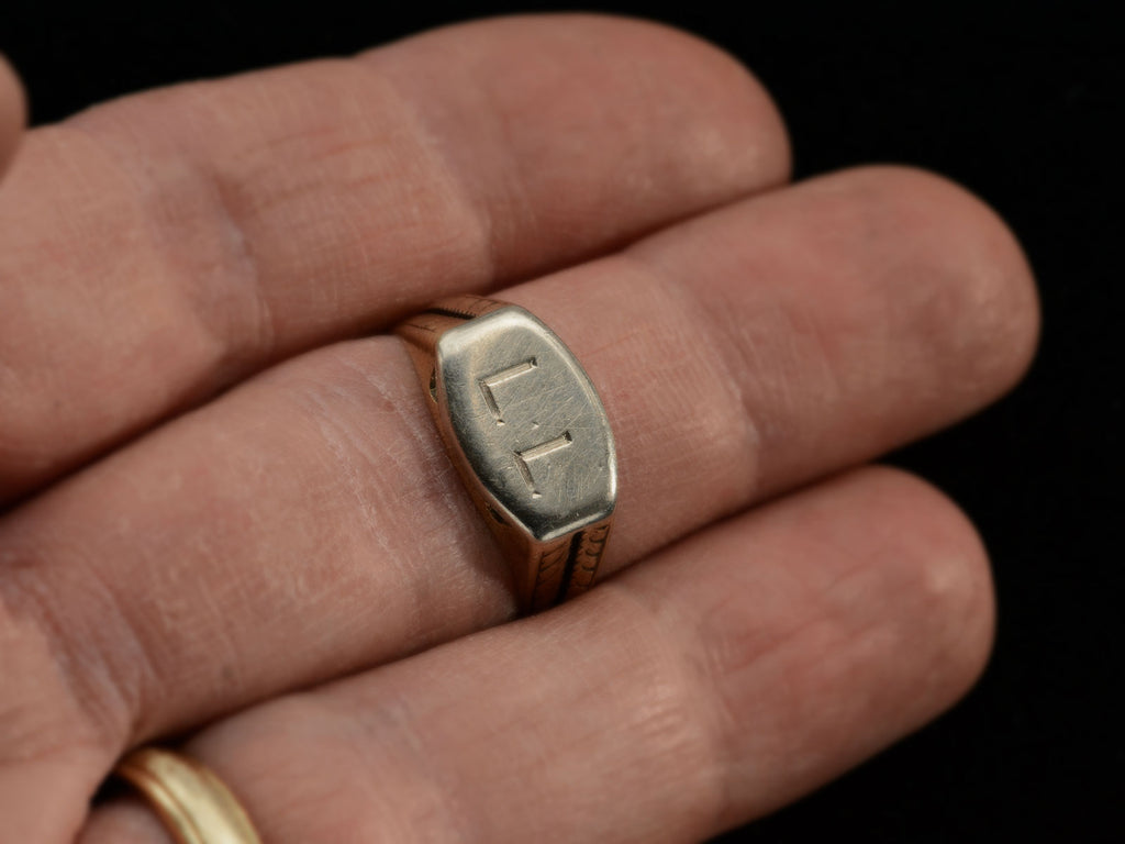c1920 Deco "LL" Signet Ring (on finger)
