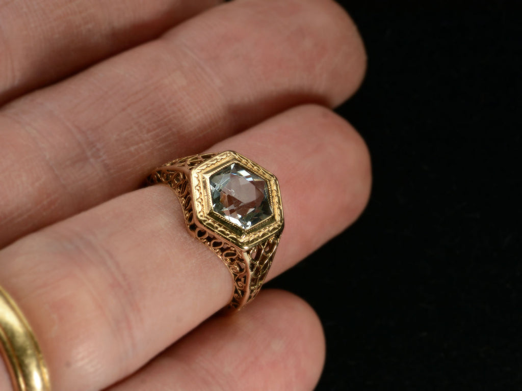 c1930 Hexagonal Aqua Ring (on finger for scale)