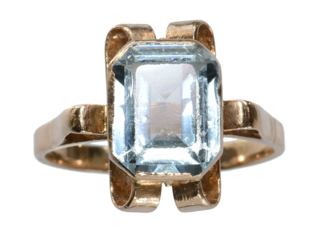 c1920 Art Deco Aquamarine and Rose Gold Ring (on white background)