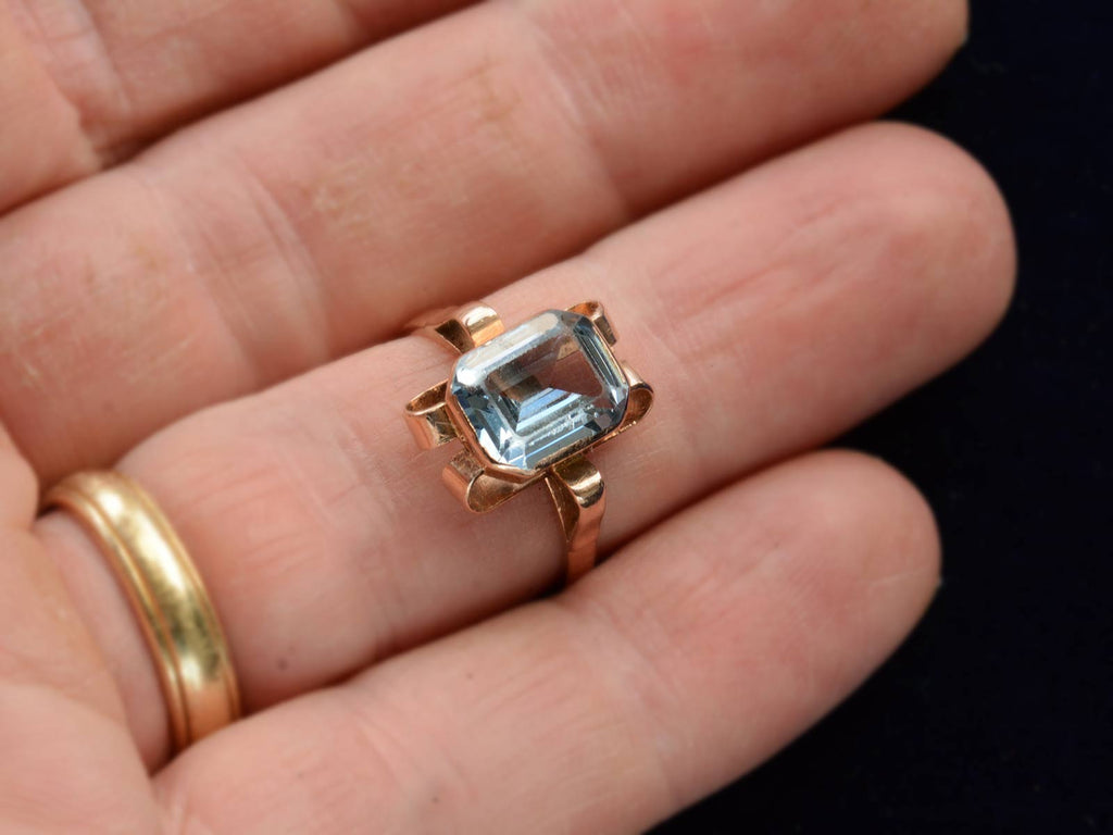 c1920 Art Deco Aquamarine and Rose Gold Ring (on hand for scale)