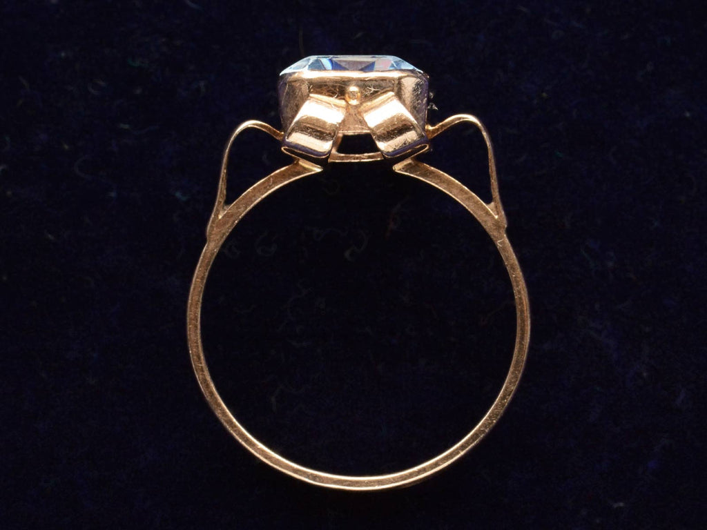 Side Profile of c1920 Art Deco Aquamarine and Rose Gold Ring (on dark background)