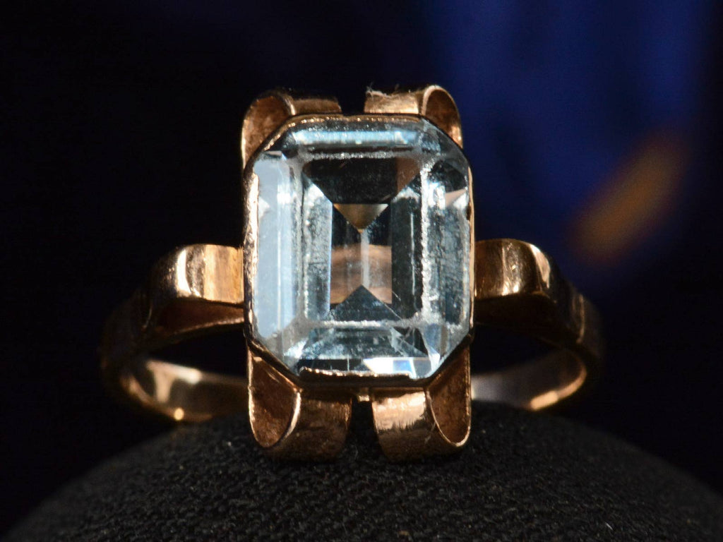 c1920 Art Deco Aquamarine and Rose Gold Ring (on dark background)