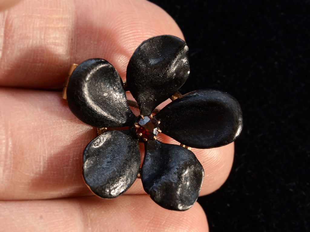c1890 Black Flower Brooch (on hand for scale)
