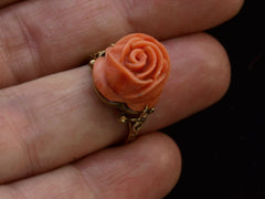 c1930 Art Deco Coral Rose Ring (on finger for scale)