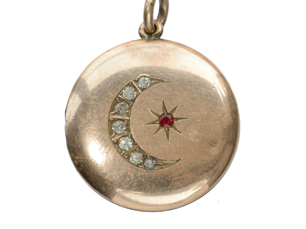 c1900 Rose Gold Filled Crescent Locket with Red and White Paste (on white background)