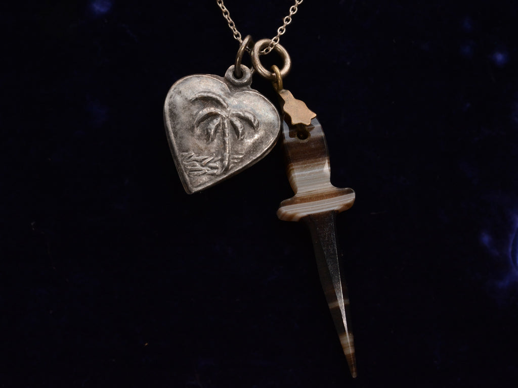 c1900 Heart & Dagger Charm Necklace (on dark blue background)