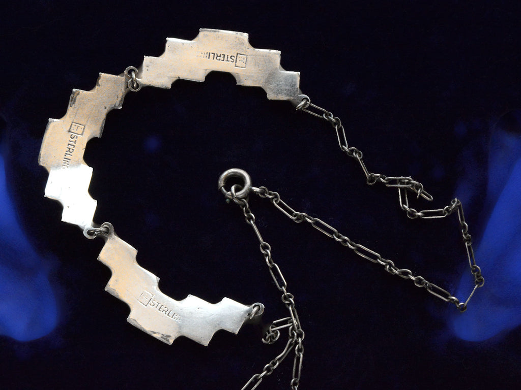 Reverse side of c1920 Cornflower Blue and Green Enamel Necklace (on dark background)