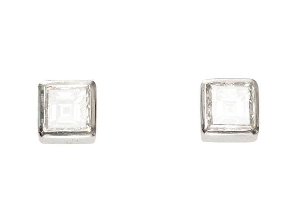 Pair of 0.52cttw Square Step Cut Diamonds Studs in Platinum Bezels (on white background)