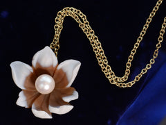 thumbnail of EB Pearl Flower Necklace (on dark blue background with detail of chain)