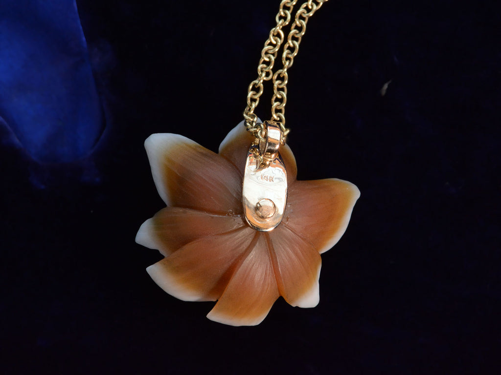 EB Pearl Flower Necklace (on dark blue background with detail of backside)