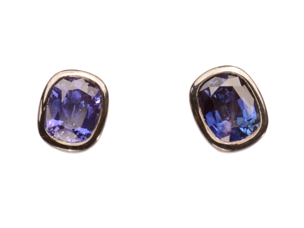 EB Purplish Sapphire Studs in Blackened Gold (on white background)