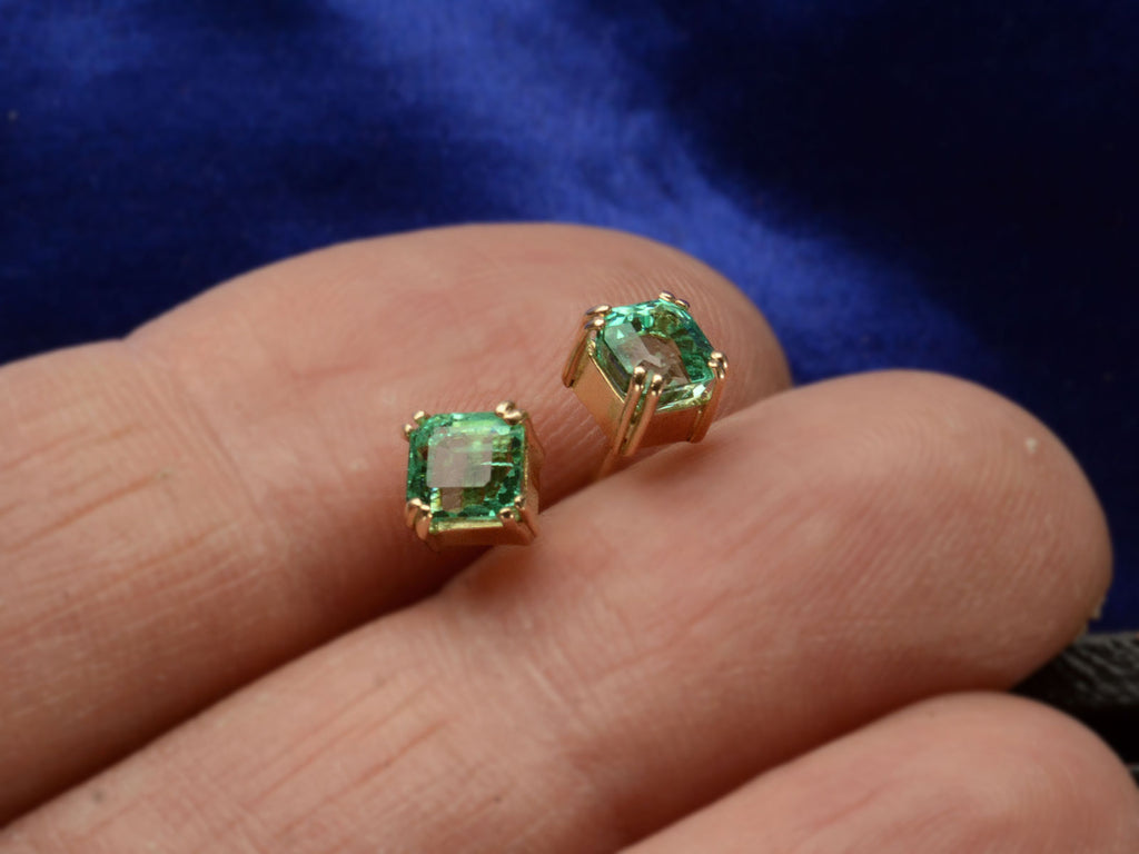 c1980 Colombian Emerald Studs in Yellow Gold (shown on hand for scale)