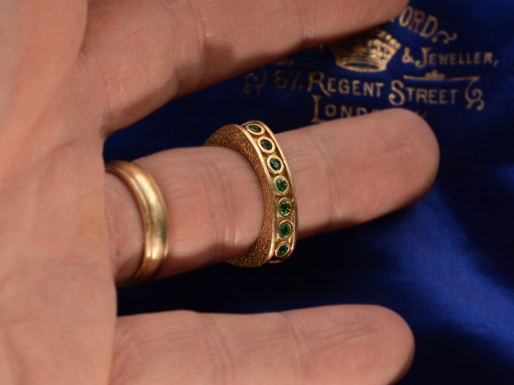 Reverse side of c1970 Emerald & Diamond Ring in Yellow and White Gold (shown on finger for scale)