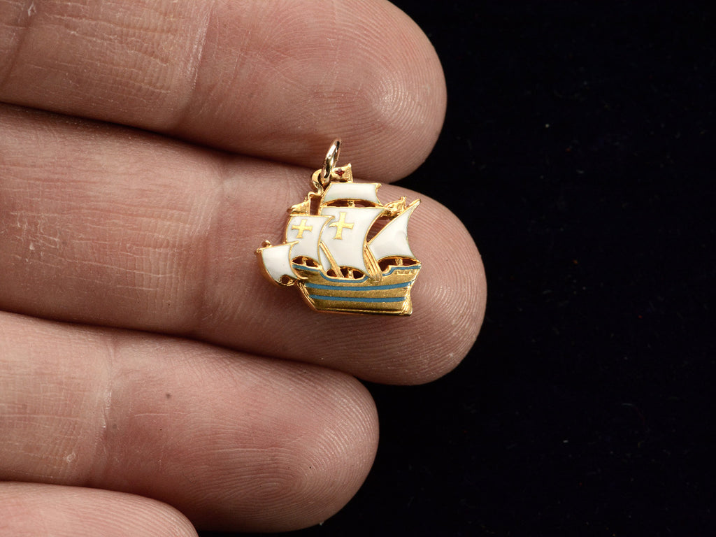 c1960 Enamel Galleon Charm (on hand for scale)