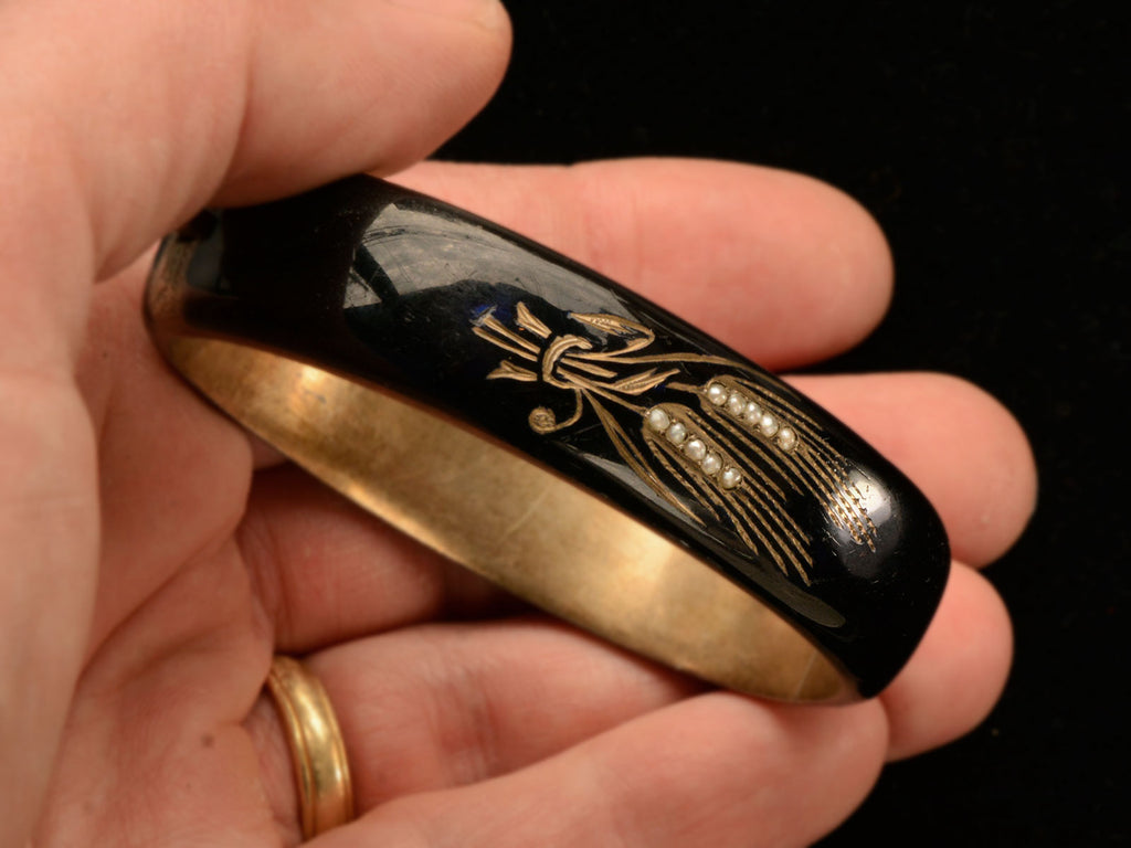 c1890 Wheatsheaf Black Enamel Bracelet (on hand for scale)