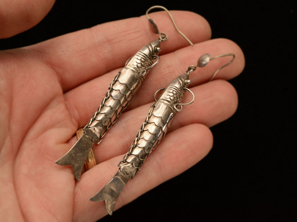 c1970 Articulated Fish Earrings (on hand for scale)