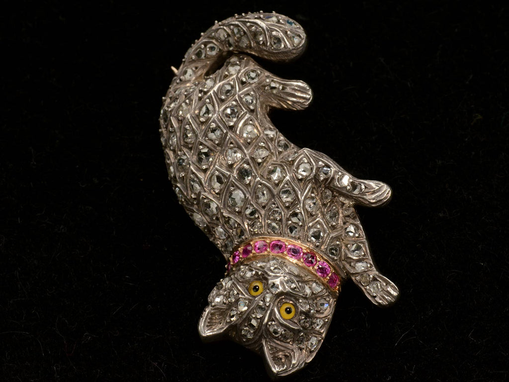 Inverted detail view of c1880 Pet Cat Brooch with Diamond and Rubies (shown on dark background)