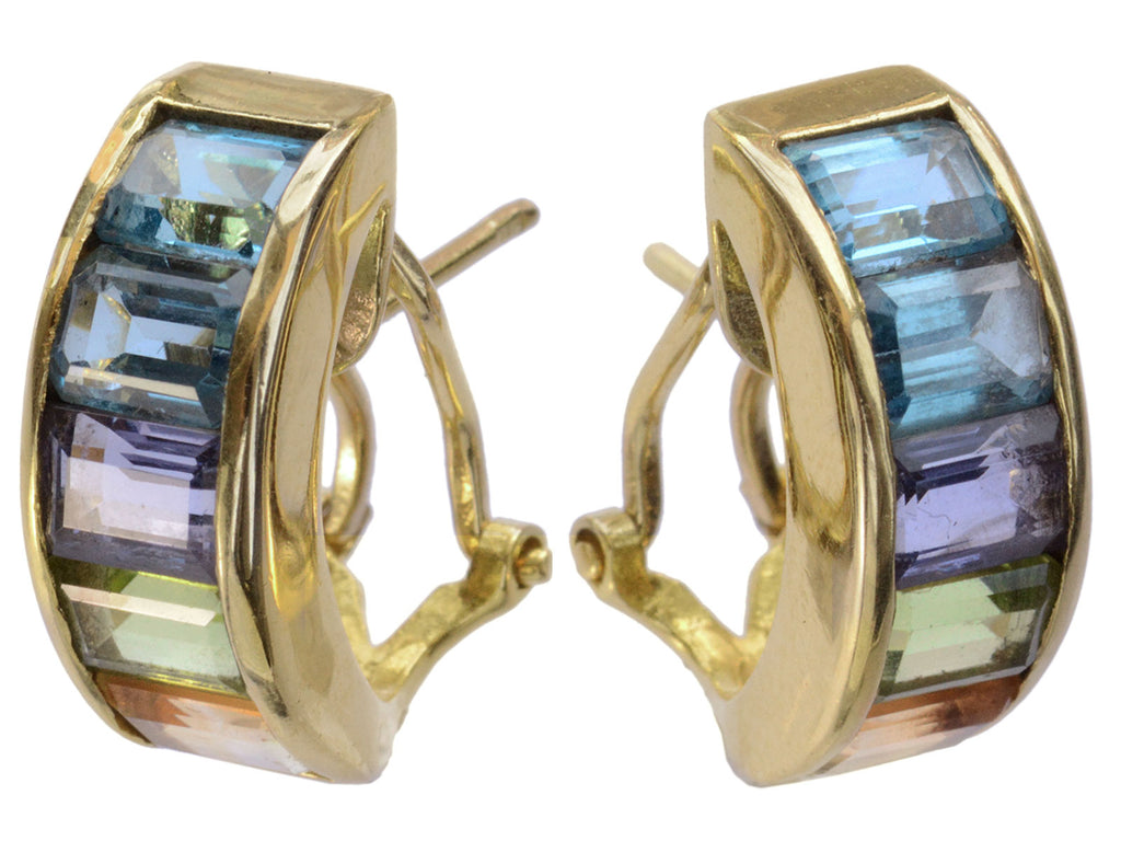 Vintage c1990 Yellow Gold Earrings with Zircon, Aquamarine, Tanzanite, Peridot and Citrine Set in an Arching Form (Shown on white background)