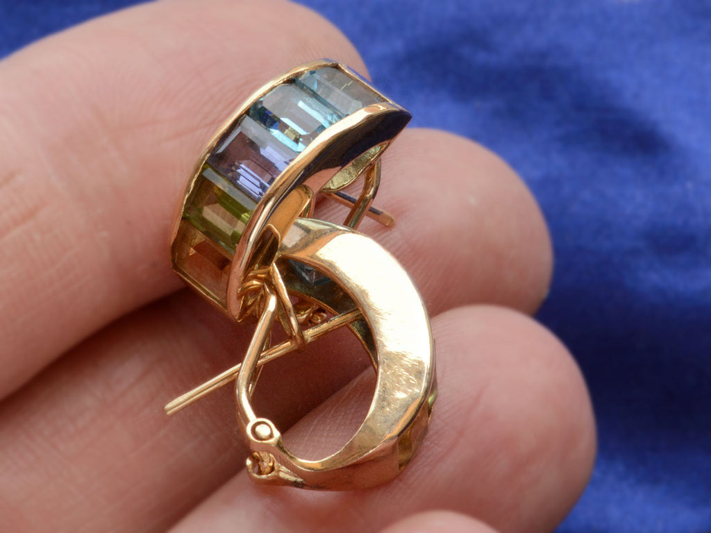 Vintage c1990 Yellow Gold Earrings with Zircon, Aquamarine, Tanzanite, Peridot and Citrine Set in an Arching Form (Shown on hand for scale)