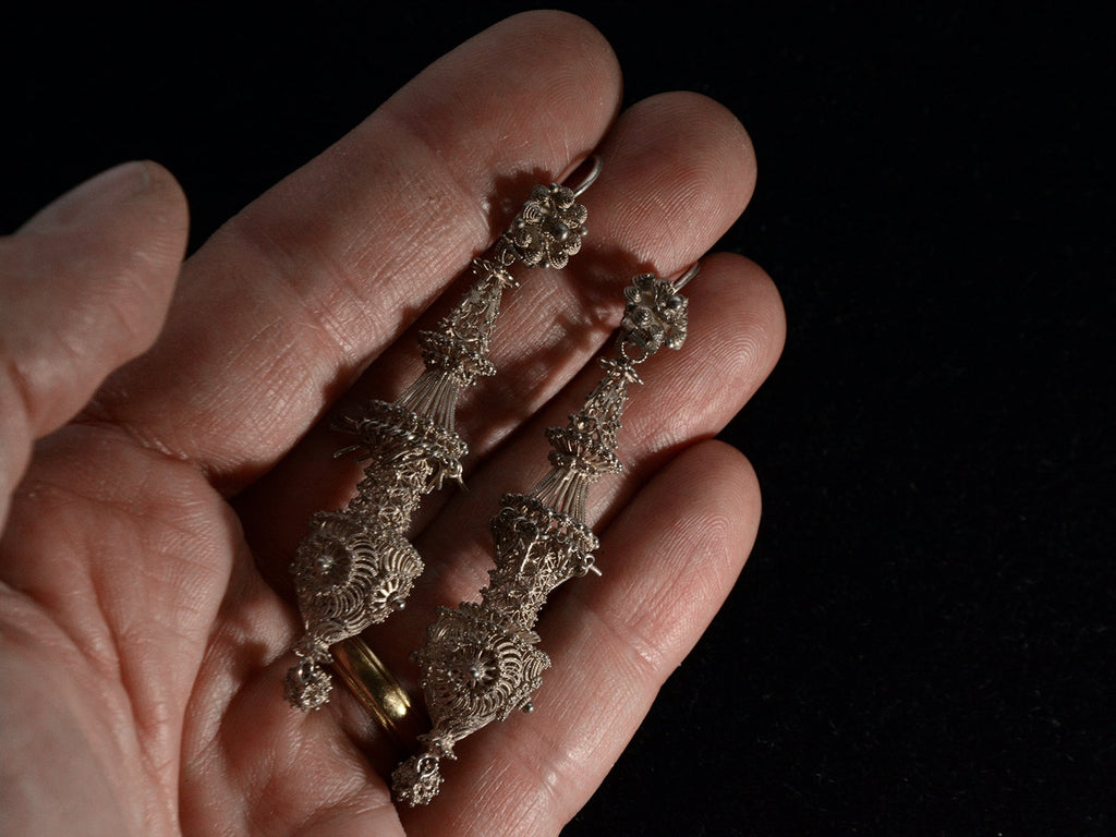c1800 Silver Cannetille Earrings (on hand for scale)