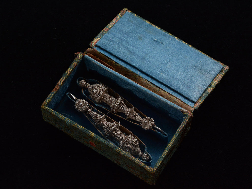 c1800 Silver Cannetille Earrings (on black background)
