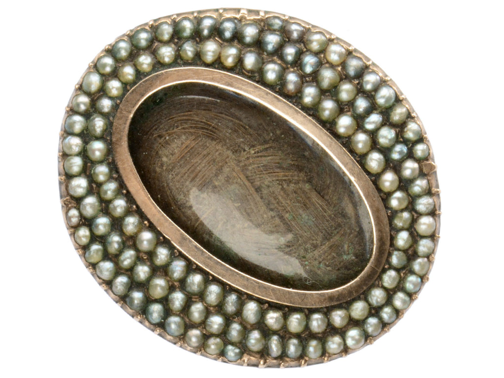 1810 Georgian Pearl Lace Pin with Brown Hair under Glass (shown on white background)