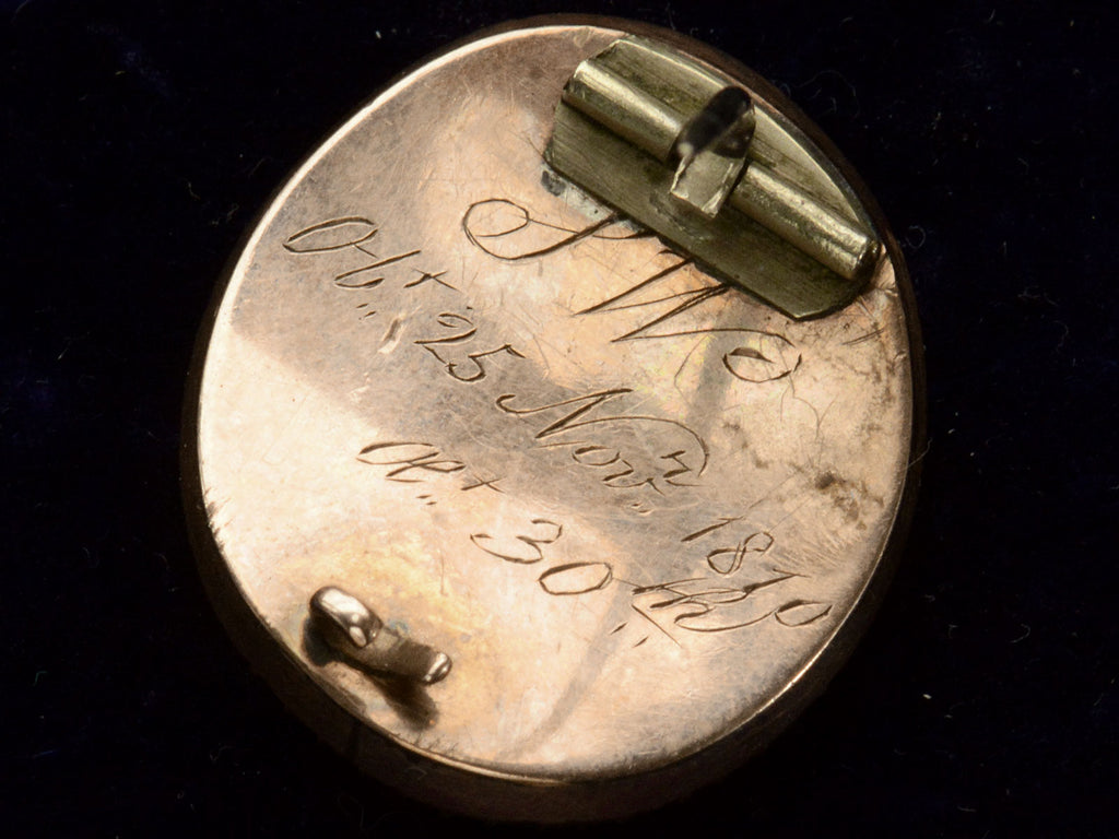 Reverse side of 1810 Georgian Pearl Lace Pin showing inscription "SW Ob 25 Nov 1810 Ae 30"