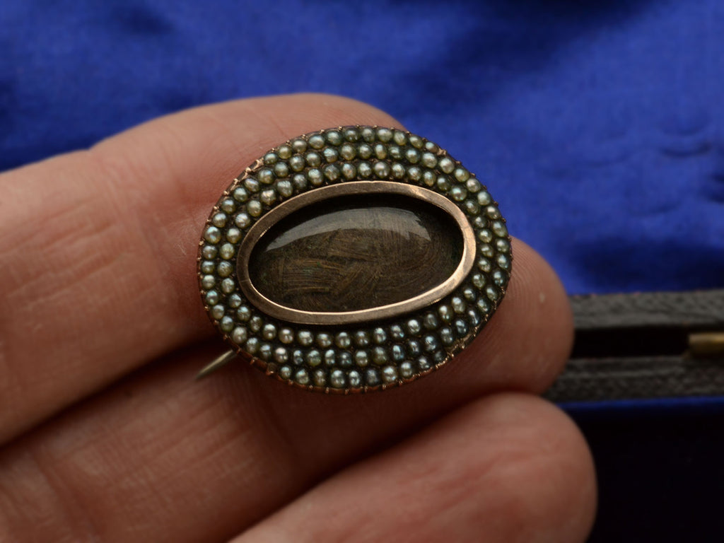 1810 Georgian Pearl Lace Pin with Brown Hair under Glass (shown on hand for scale)