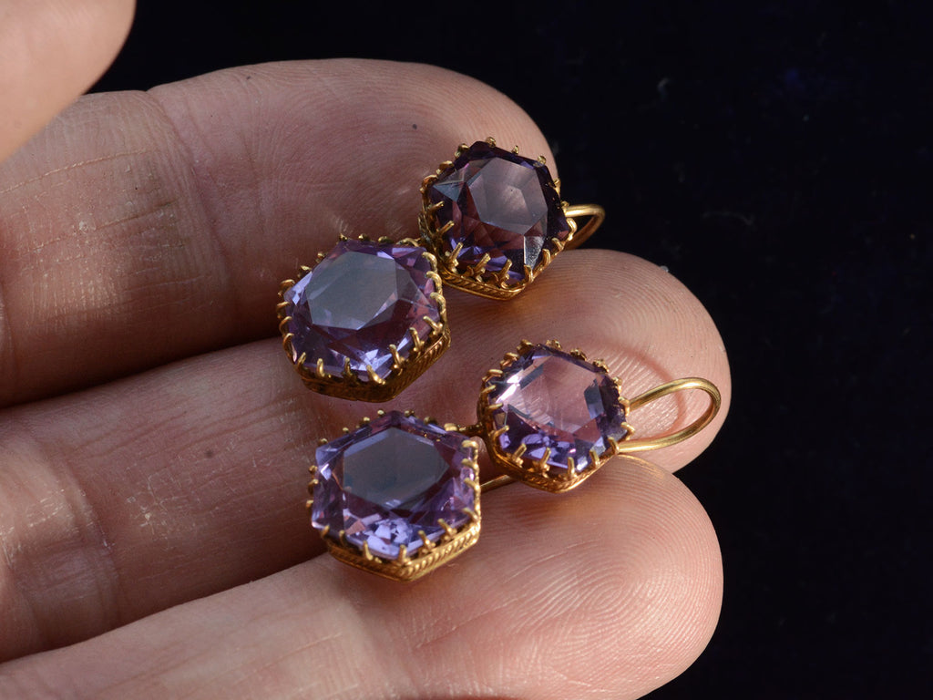 c1900 Hex. Amethyst Earrings (on hand for scale)