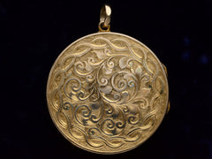 thumbnail of Reverse side of c1890 Victorian Gold Locket with Scroll Pattern (on dark background)