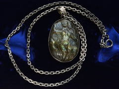 thumbnail of Full view of chain and pendant of labradorite woman pendant in silver, shown on dark background.