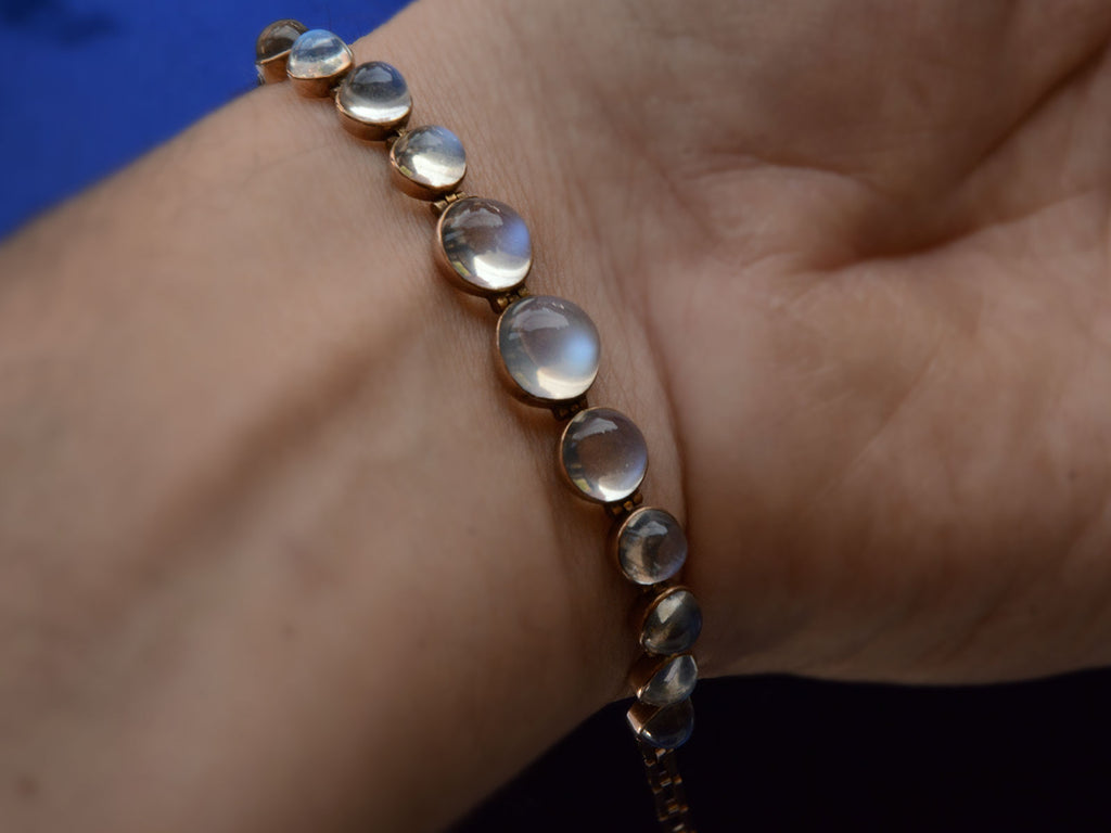 Detail of c1900 Antique Edwardian Moonstone Bracelet (on wrist for scale)