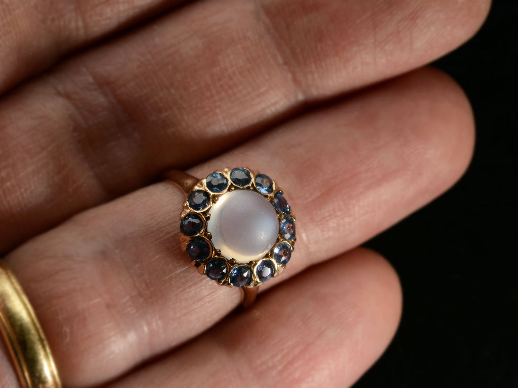 c1910 Moonstone & Sapphire Ring (on finger for scale)
