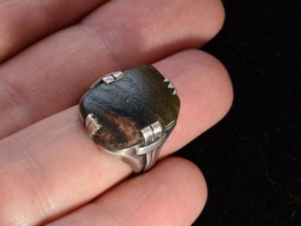 c1920 Moss Agate Signet (on finger for scale)