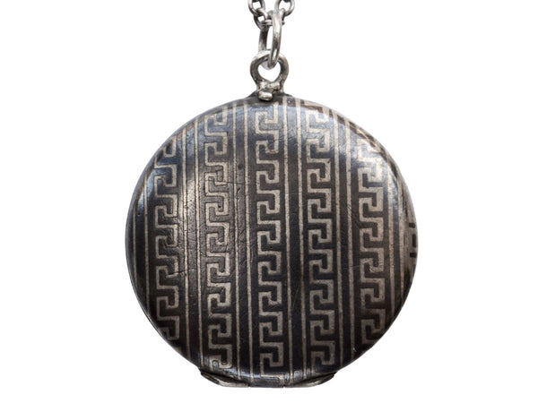 c1890 Round Niello Locket with Greek Key Pattern (on white background)