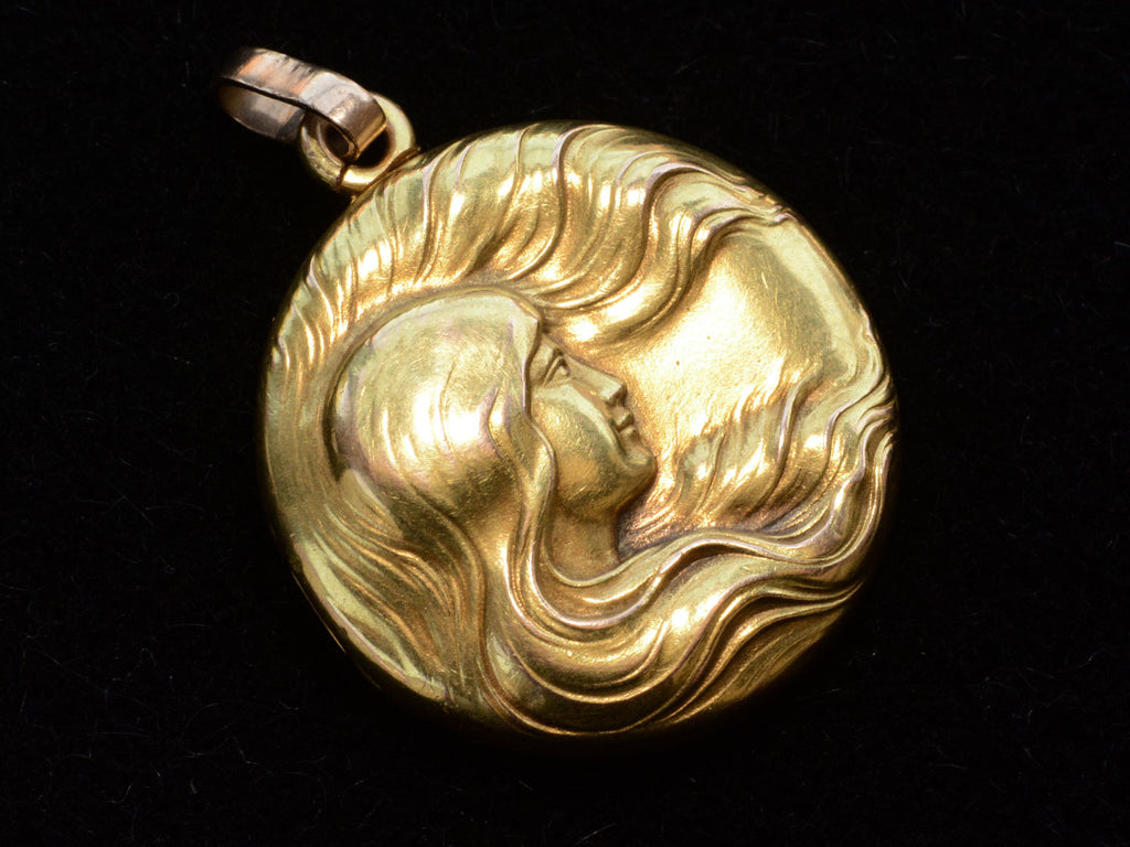 c1910 Art Nouveau Yellow Gold Locket (angle view on black background)
