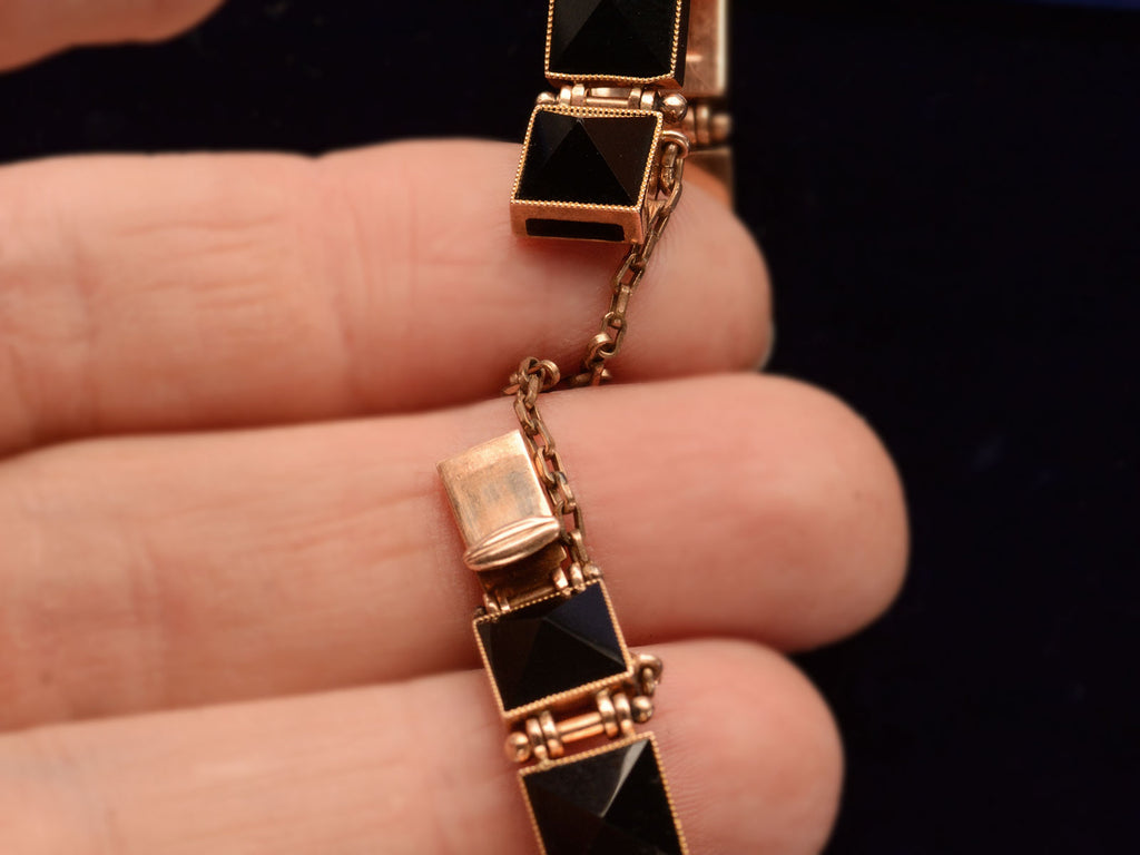 Clasp detail of c1890 Pyramidal Onyx and Rose Gold Bracelet (shown on hand for scale)