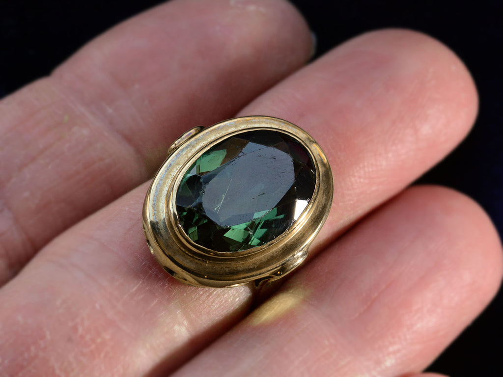 c1920 Oval Green Ring (on finger for scale)