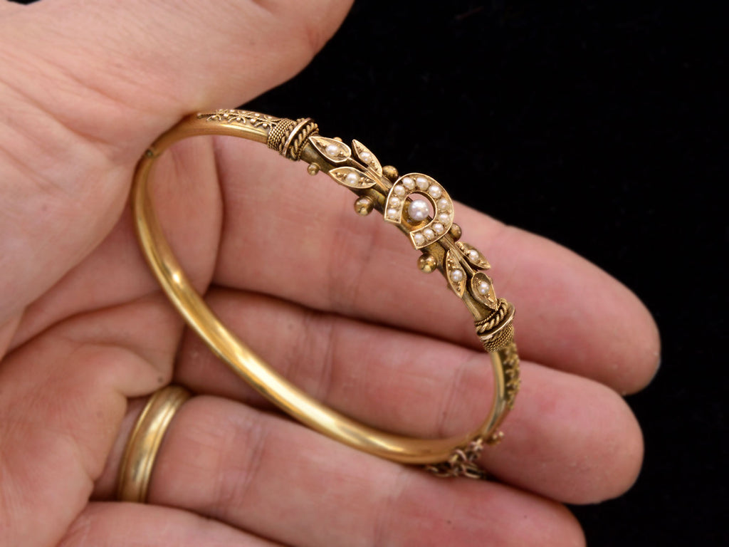 c1890 Pearl Horseshoe Bracelet (on hand for scale)
