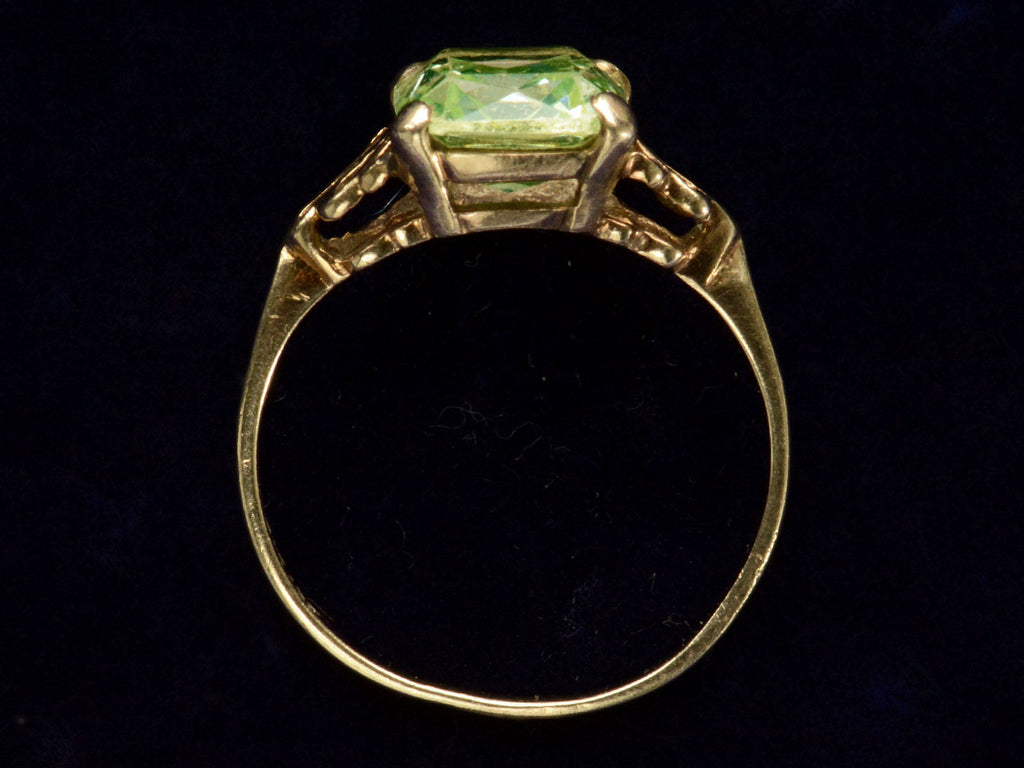 Side profile of c1930 Rectangular Uranium Glass Ring with Filigreed Yellow Gold Mounting (on dark background)